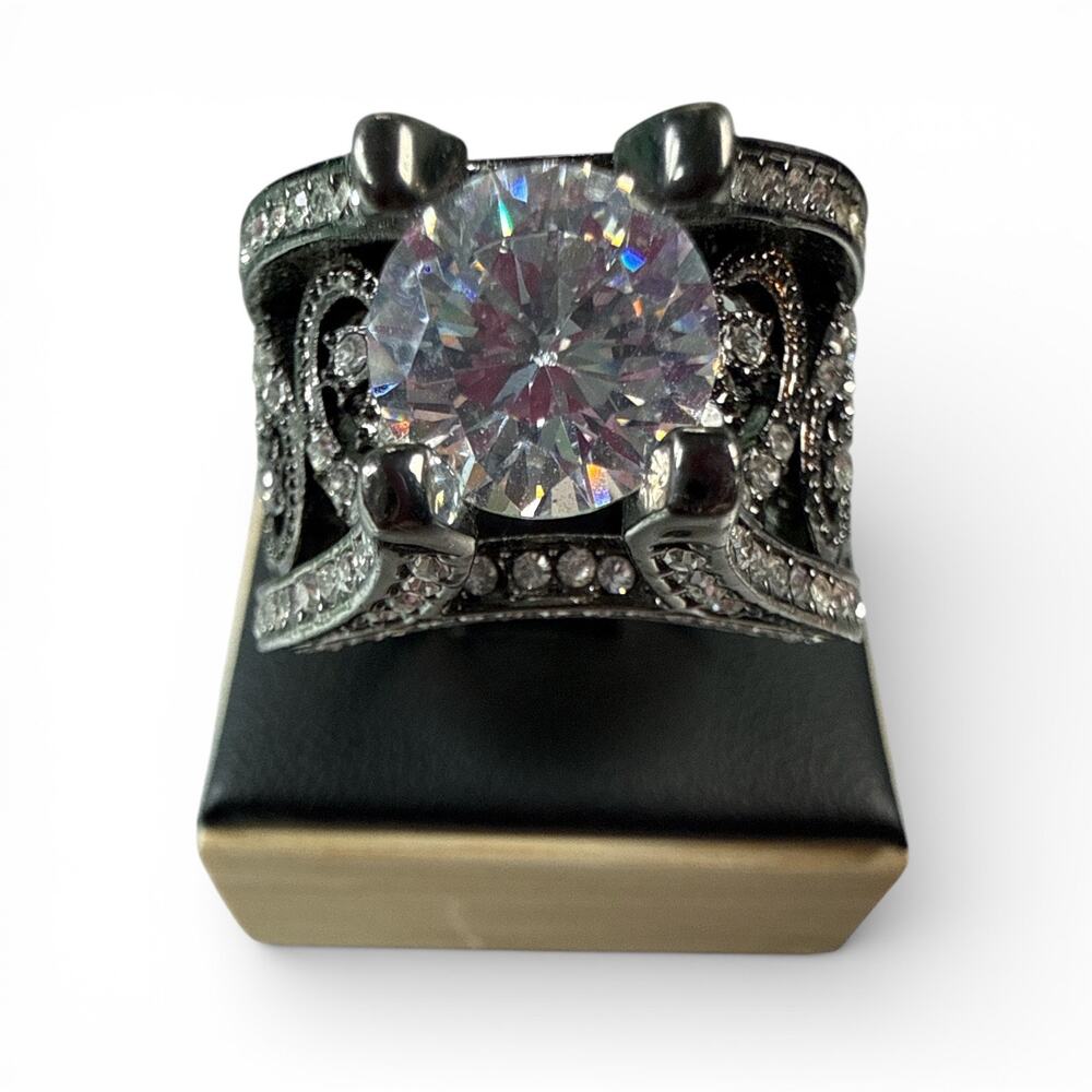 Large Brilliant Cut CZ Statement Ring - Wide Band Gunmetal Gothic Design Size 10